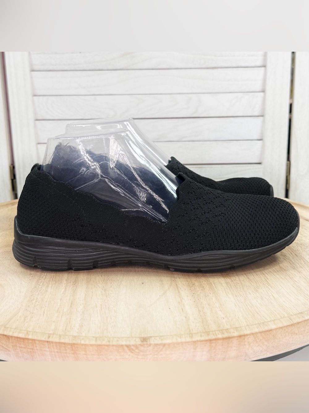 Skechers Seager Stat Scallop Hem Knit Slip On Sneakers Shoes Black Women 7.5